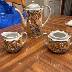 Lusterware Vintage Coffee Tea‎ Pot With Sugar Creamer Peach Green Parrot